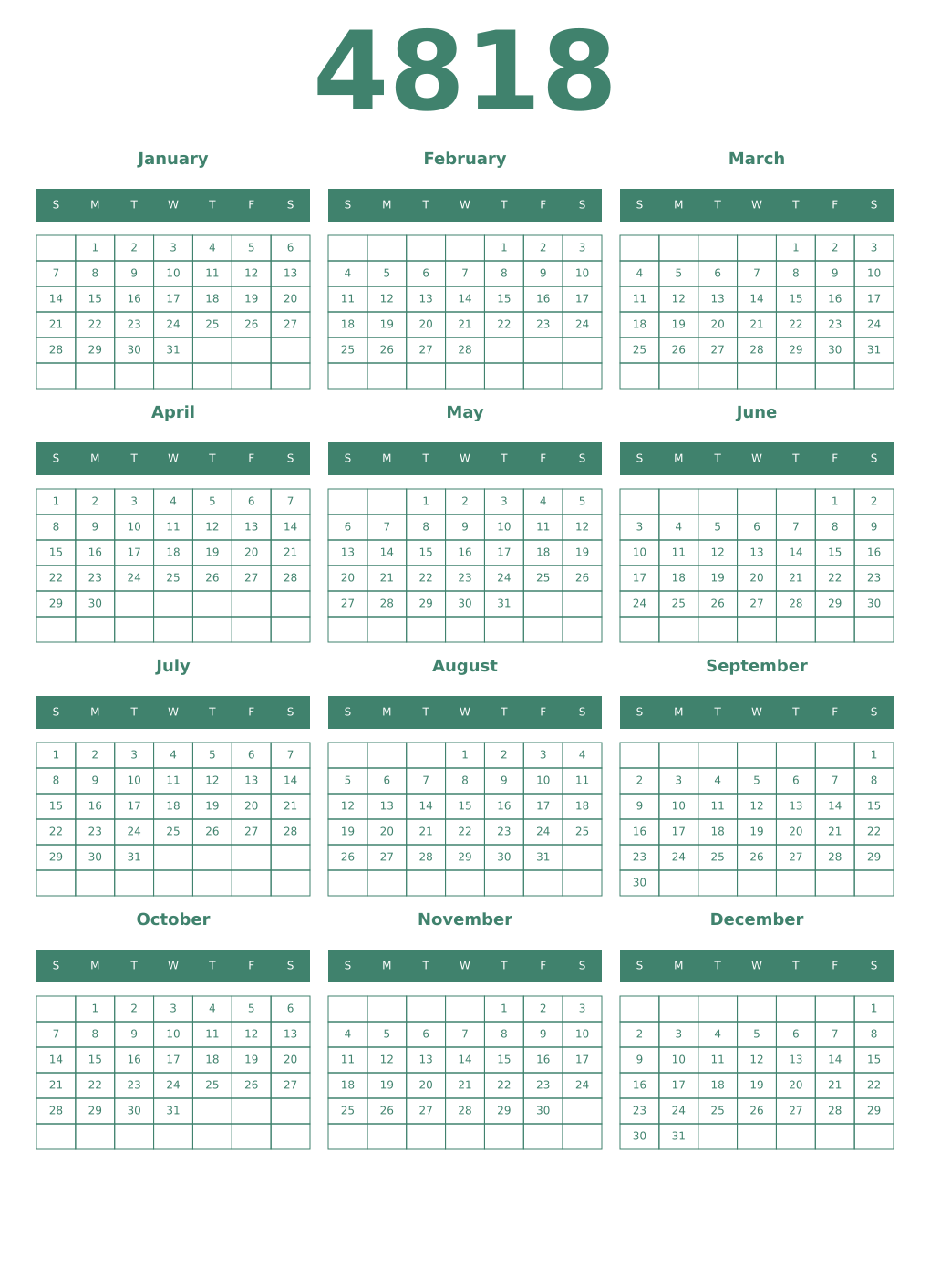 Printable 4818 Year Calendars viridian