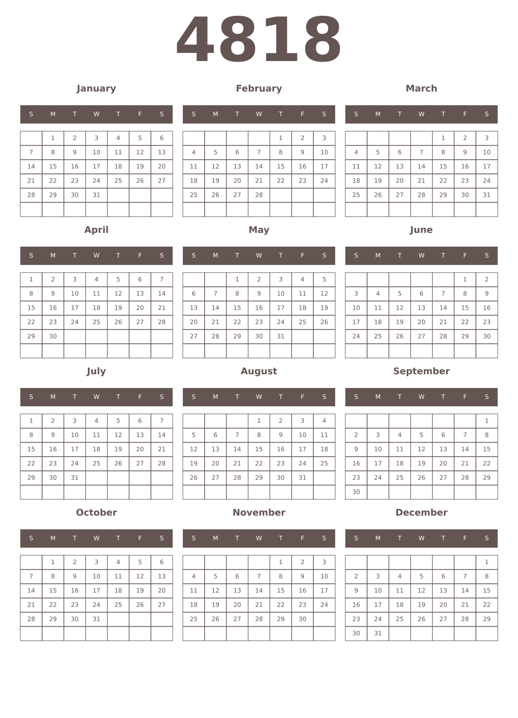 Printable 4818 Year Calendars wenge