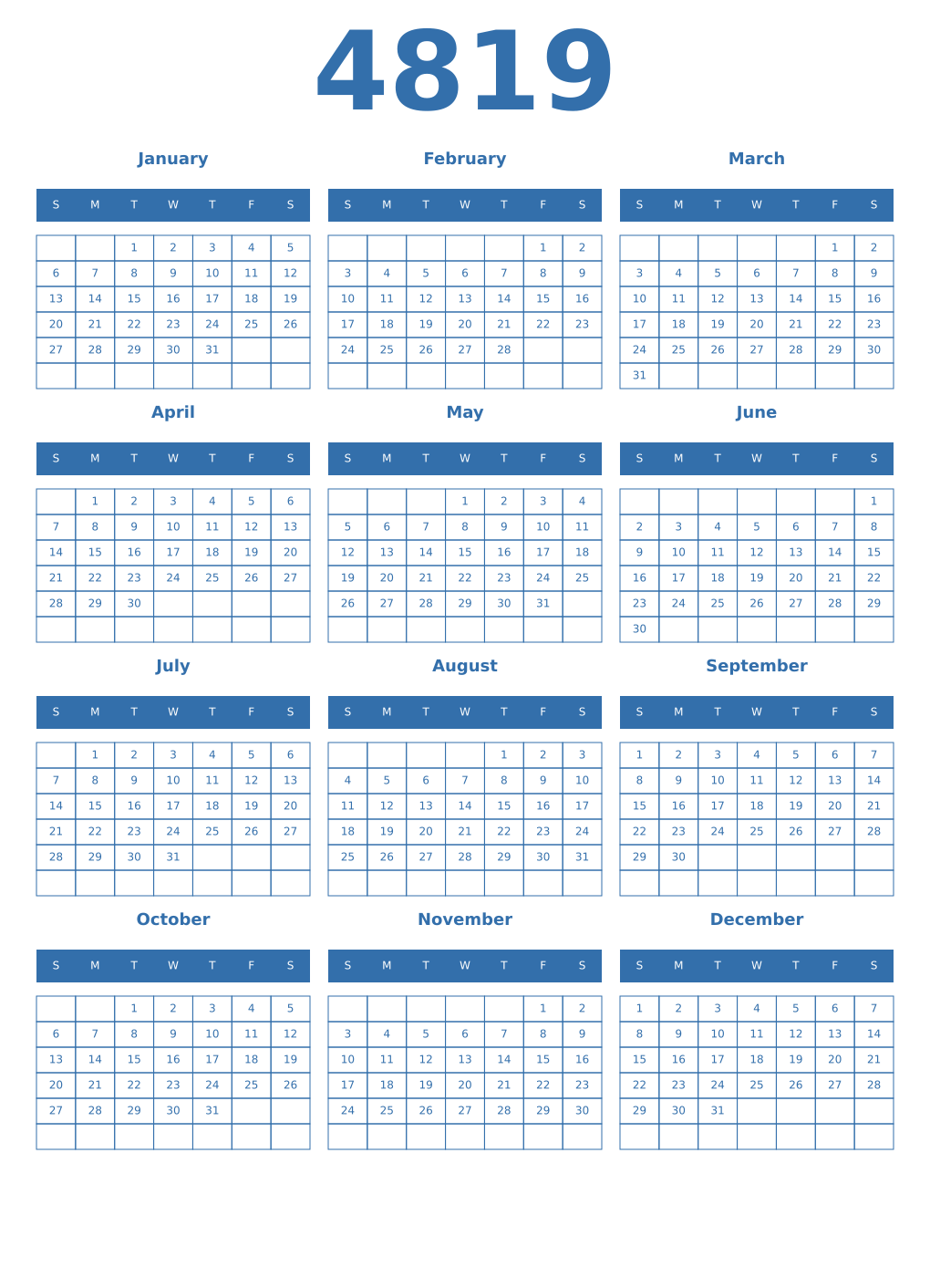 Printable 4819 Year Calendars blue
