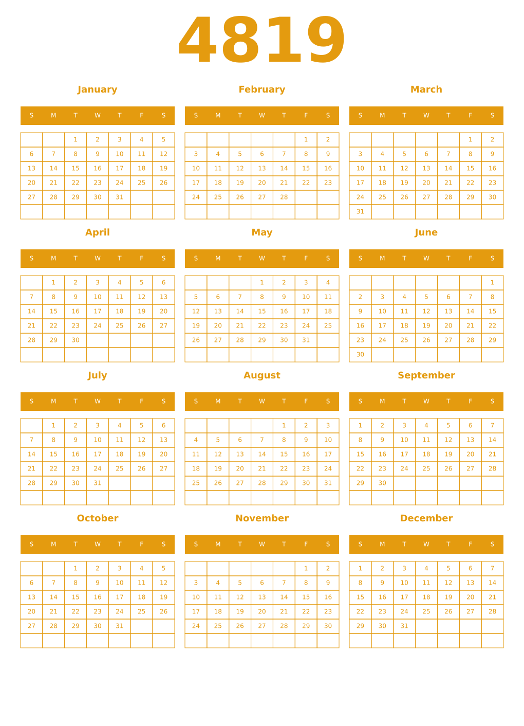 Printable 4819 Year Calendars gamboge