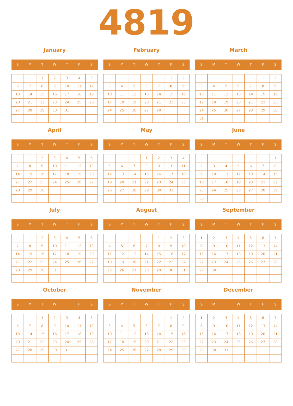 Printable 4819 Year Calendars orange