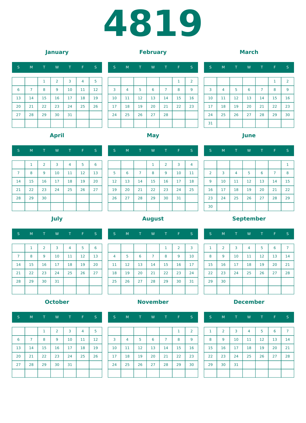 Printable 4819 Year Calendars pastel