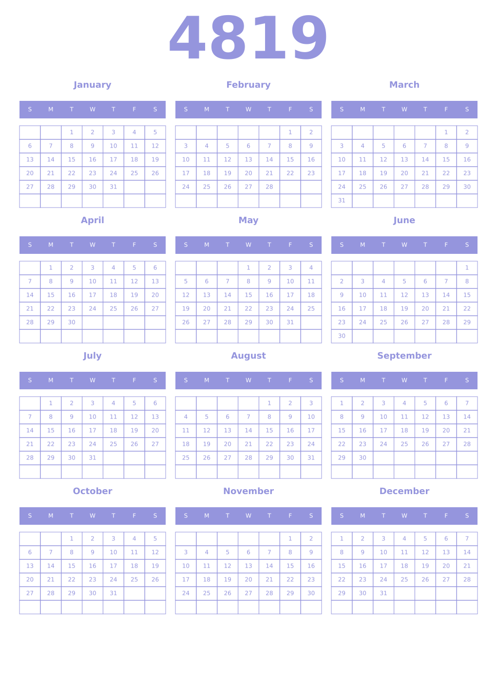 Printable 4819 Year Calendars periwinkle