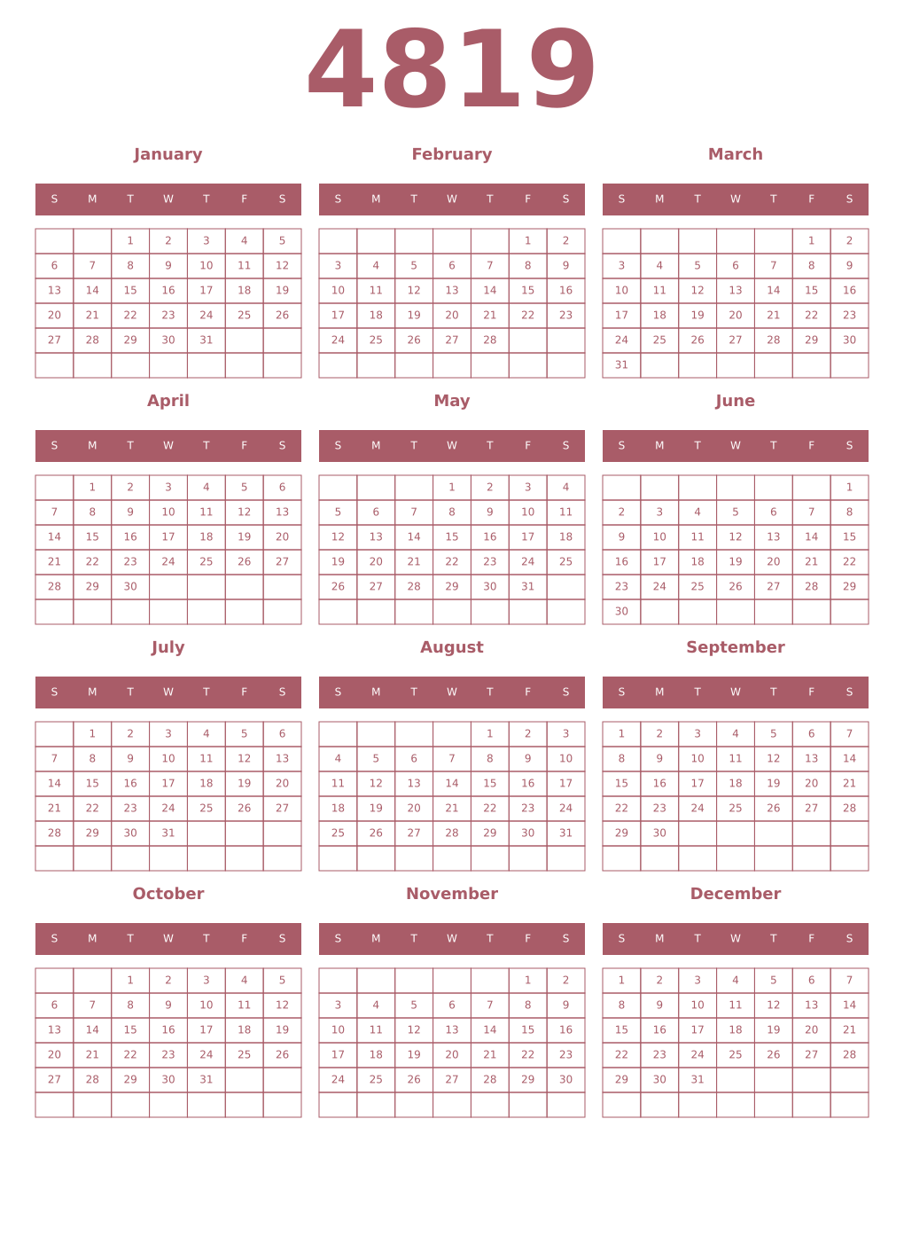 Printable 4819 Year Calendars puce