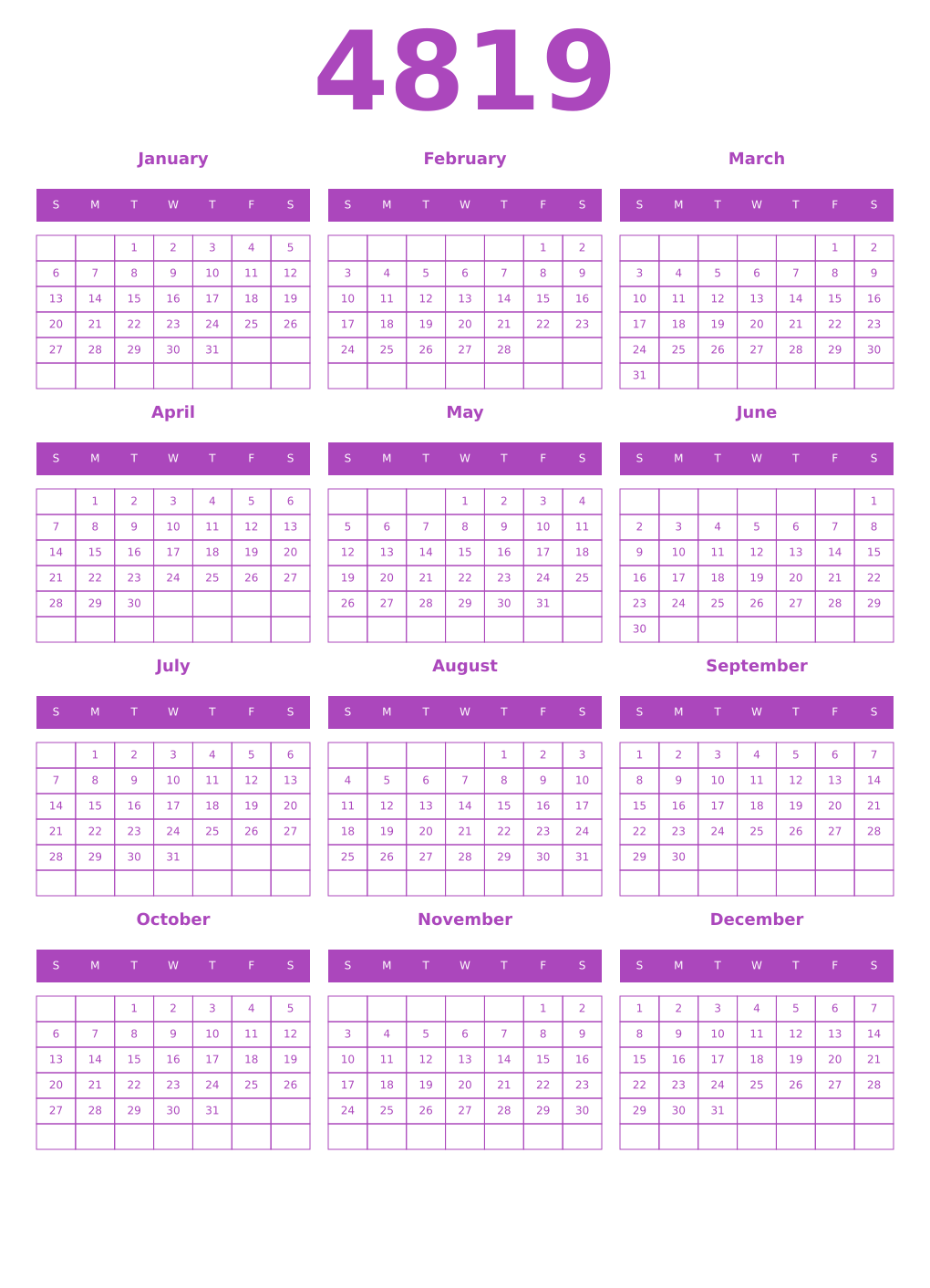 Printable 4819 Year Calendars purple