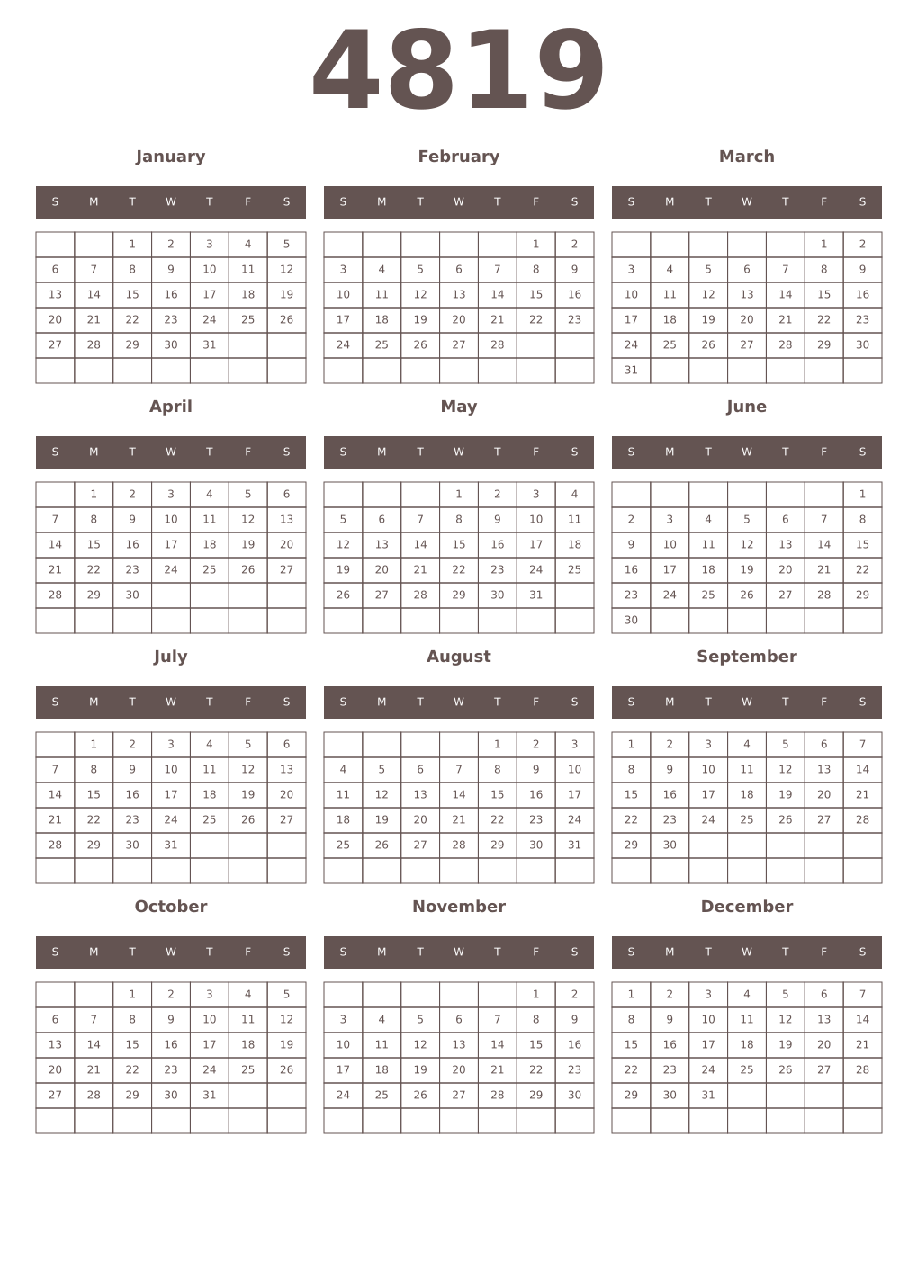 Printable 4819 Year Calendars wenge