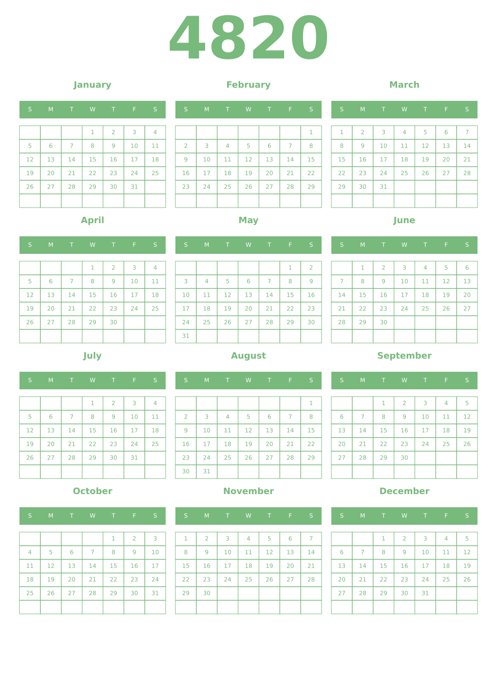 Printable 4820 Year Calendars celadon