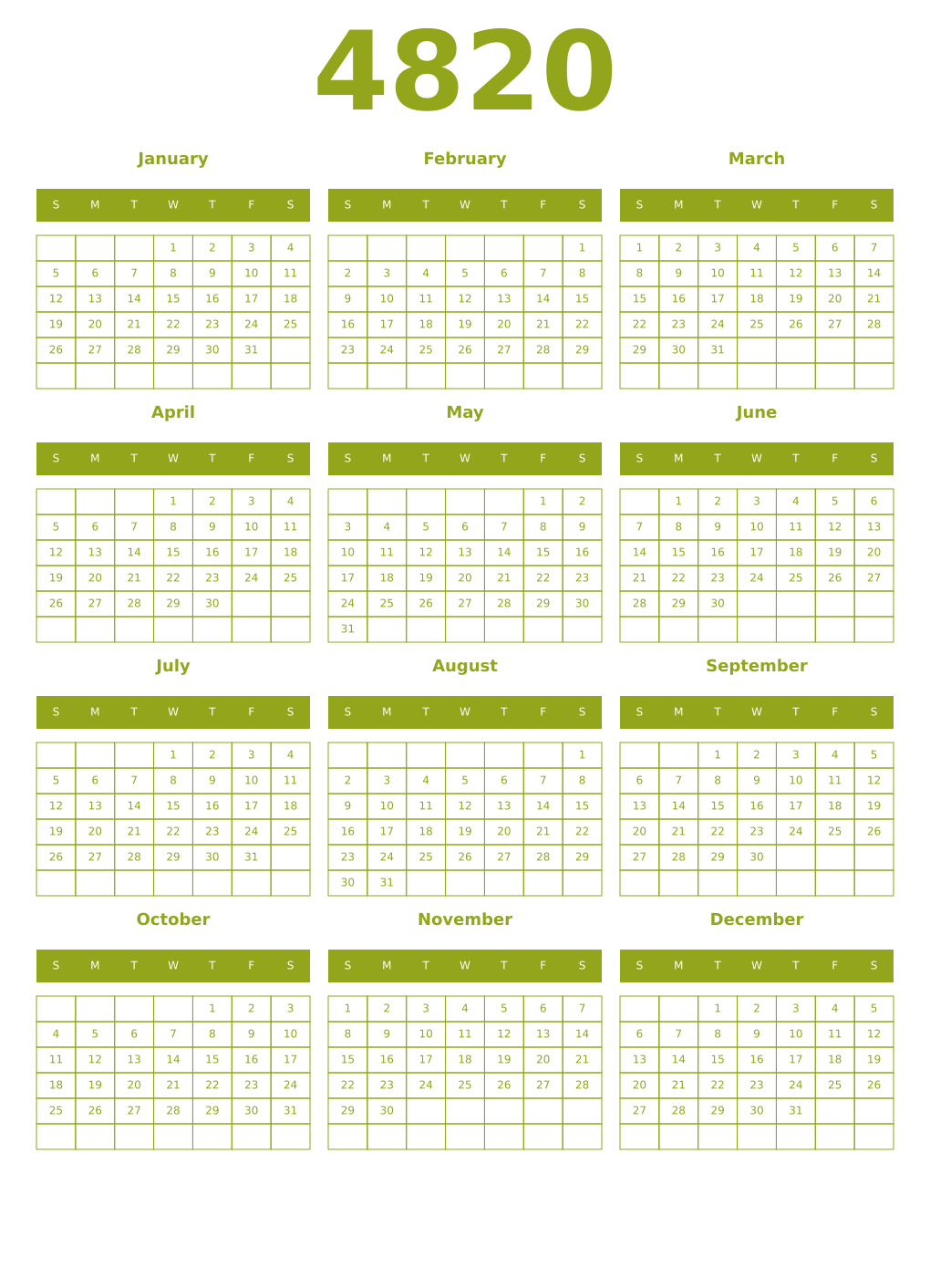 Printable 4820 Year Calendars chartreuse