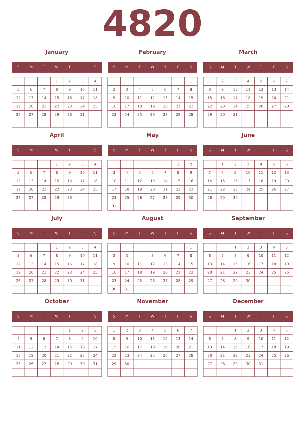 Printable 4820 Year Calendars cordovan