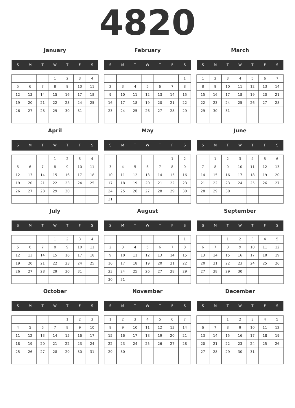 Printable 4820 Year Calendars dark