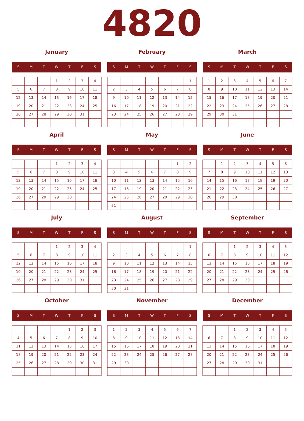 Printable 4820 Year Calendars falu