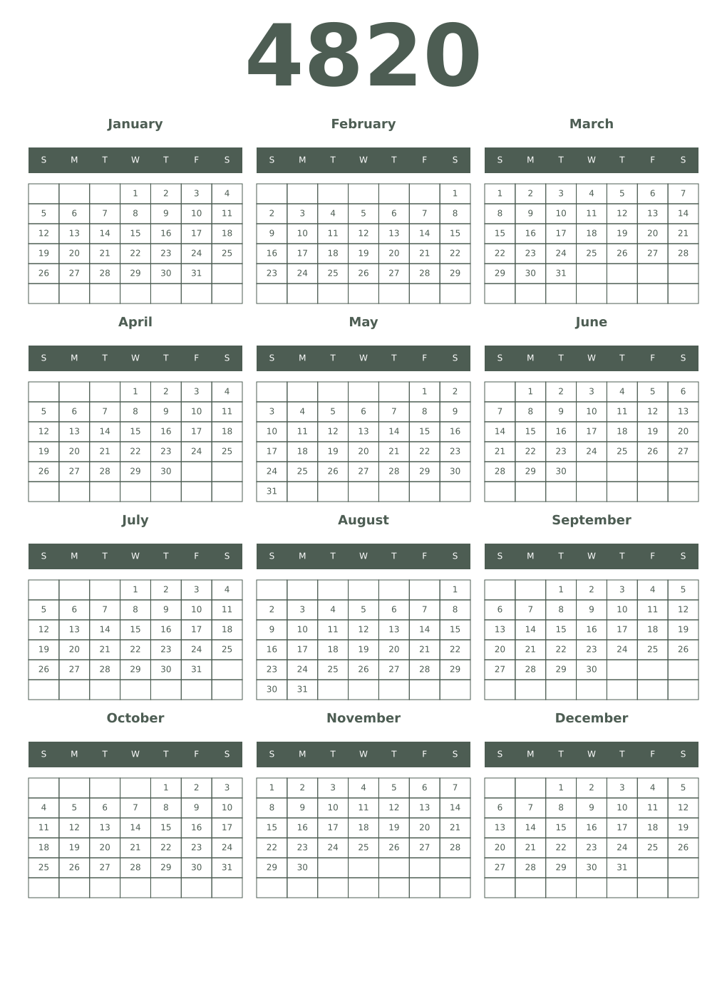 Printable 4820 Year Calendars feldgrau