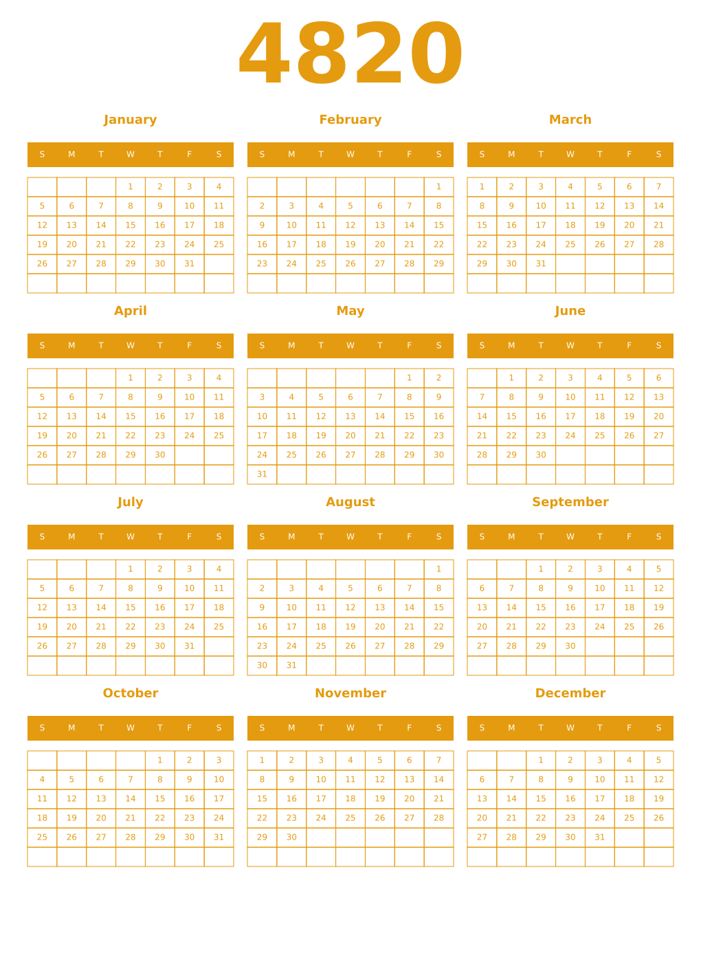 Printable 4820 Year Calendars gamboge