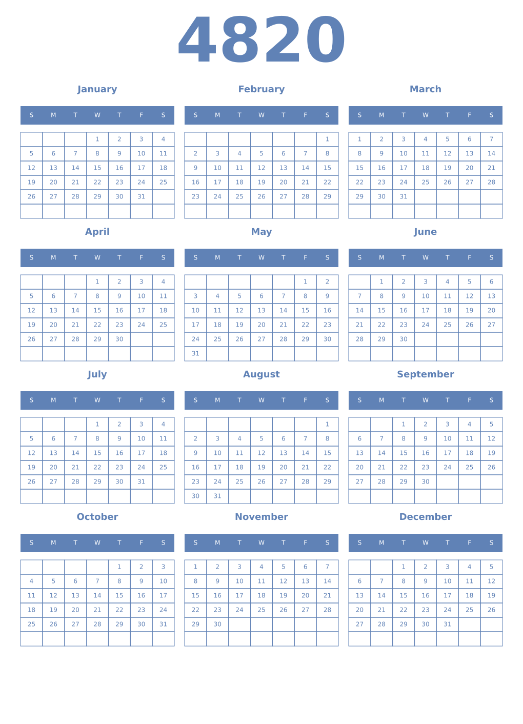 Printable 4820 Year Calendars glaucous