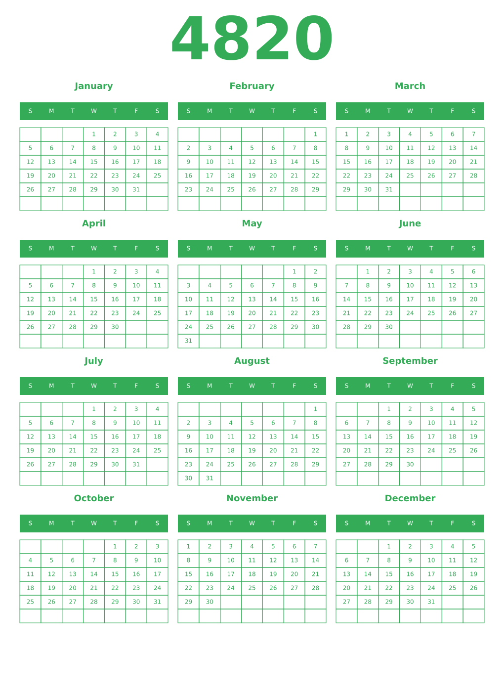 Printable 4820 Year Calendars green