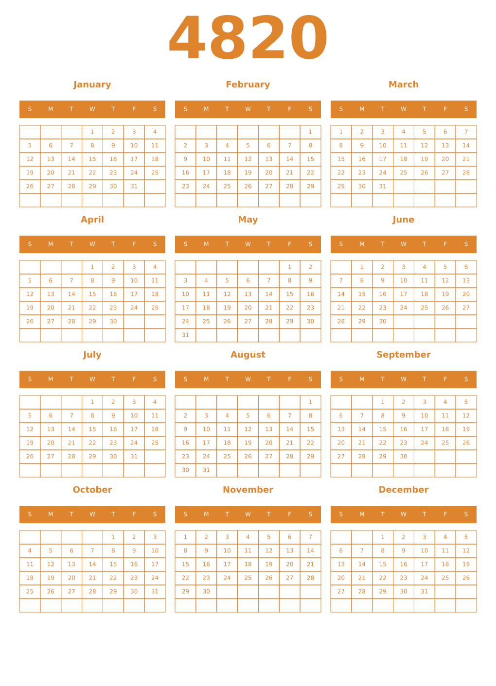 Printable 4820 Year Calendars orange