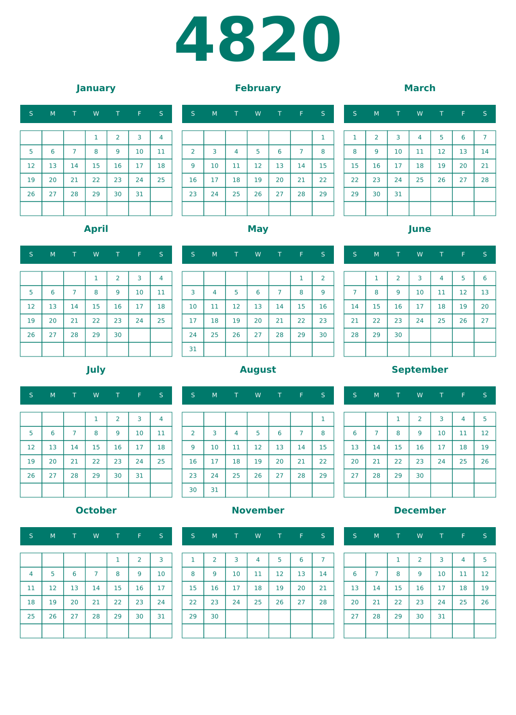 Printable 4820 Year Calendars pastel