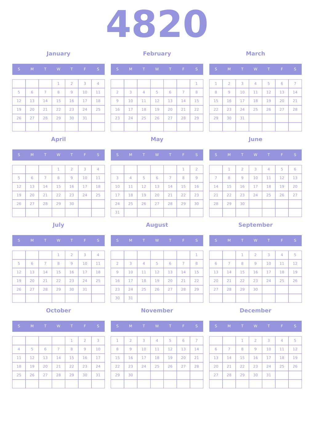 Printable 4820 Year Calendars periwinkle