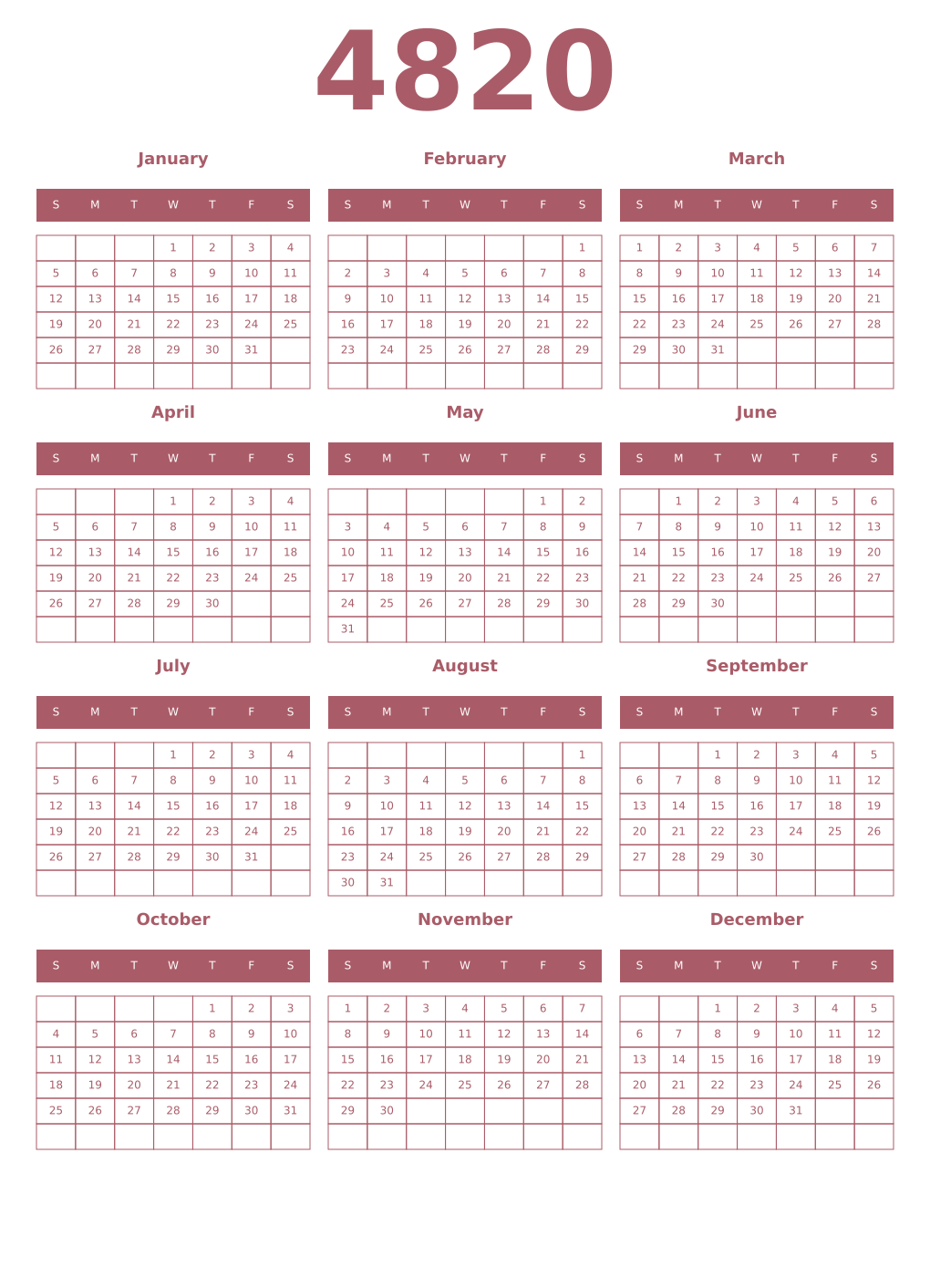 Printable 4820 Year Calendars puce