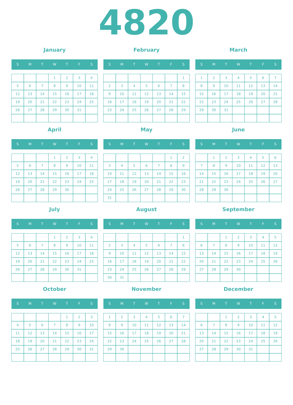 Printable 4820 Year Calendars verdigris