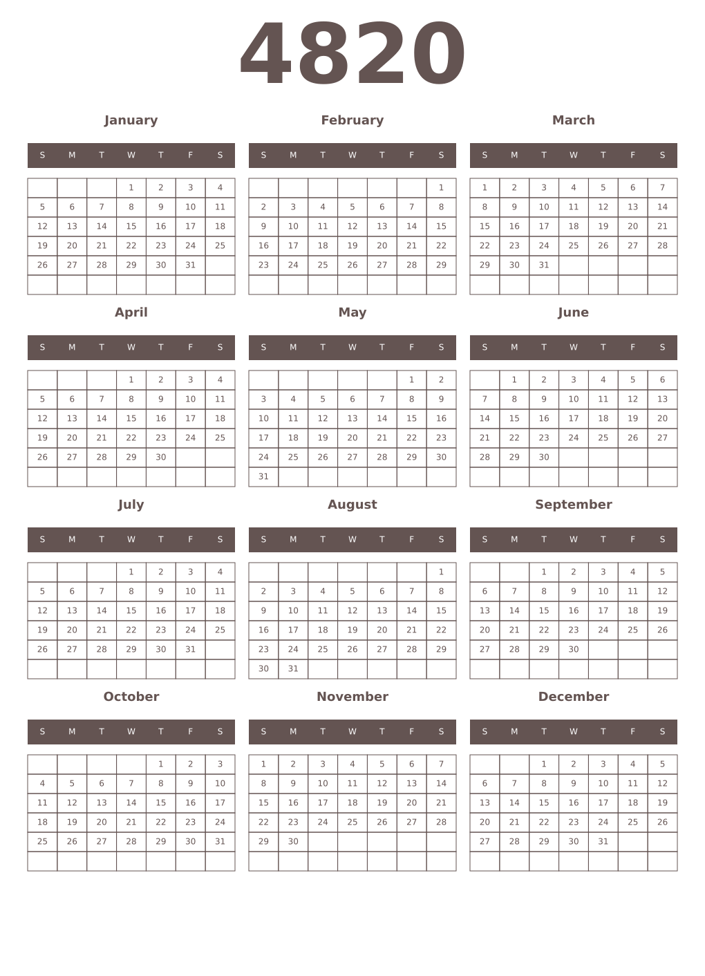 Printable 4820 Year Calendars wenge