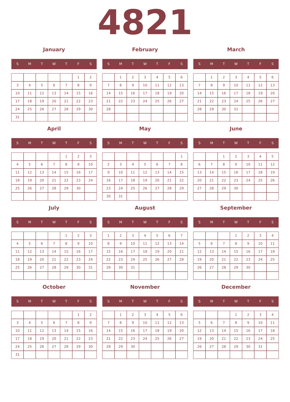Printable 4821 Year Calendars cordovan