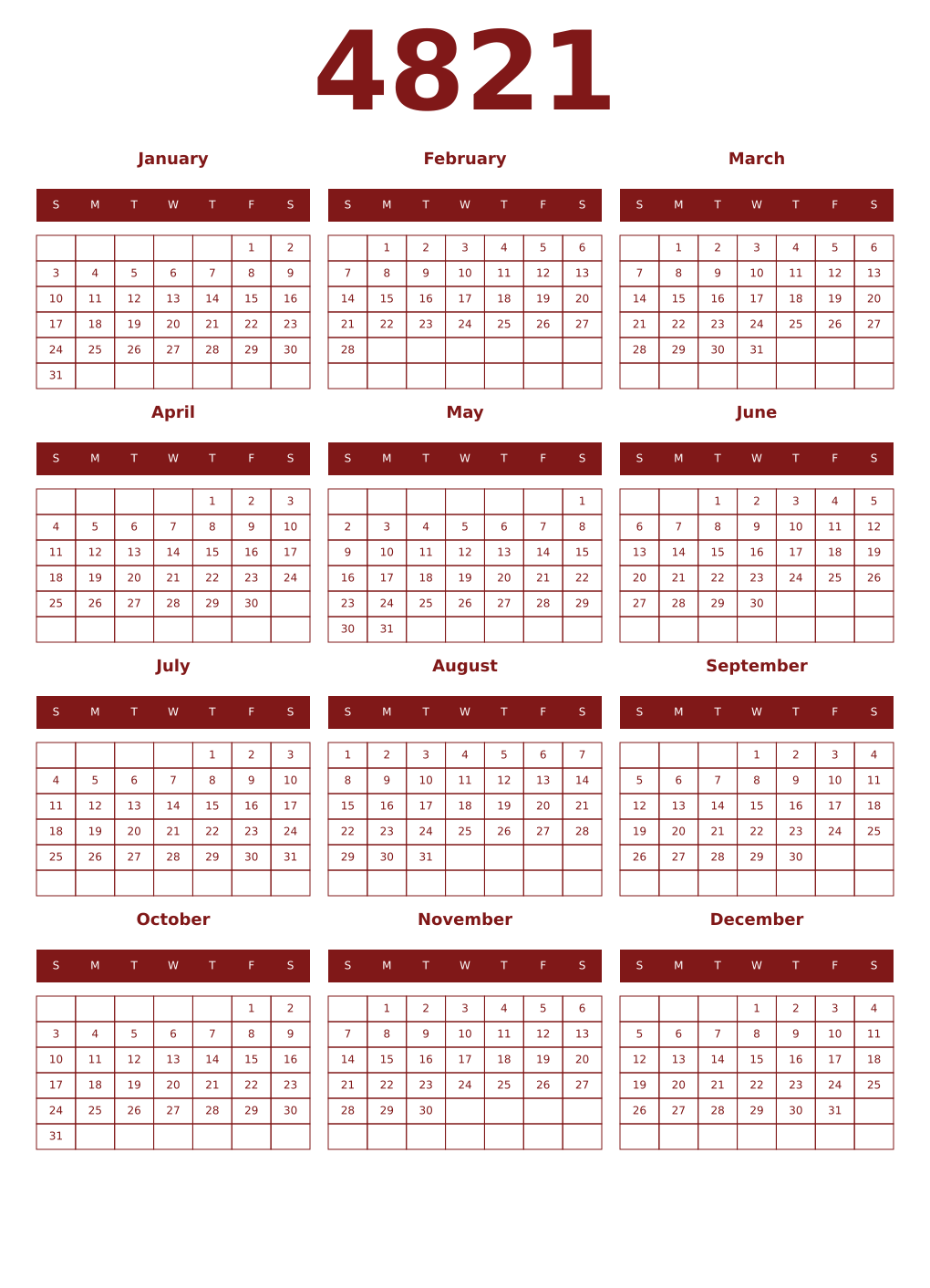Printable 4821 Year Calendars falu