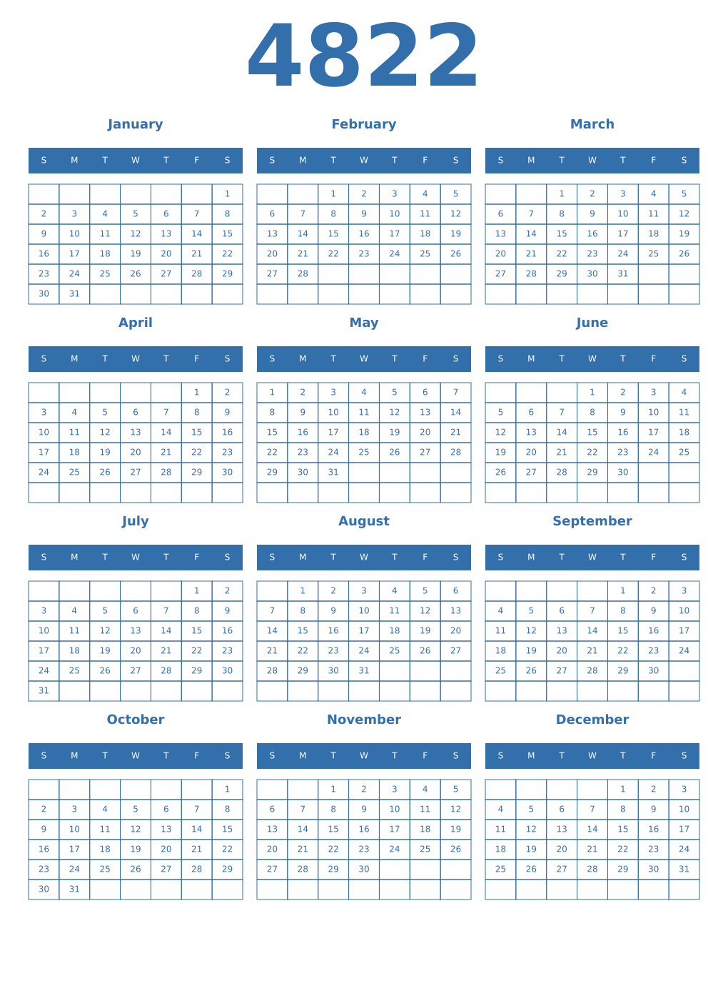 Printable 4822 Year Calendars blue