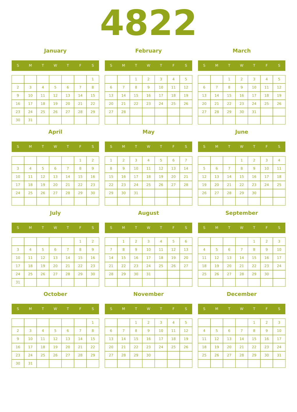 Printable 4822 Year Calendars chartreuse