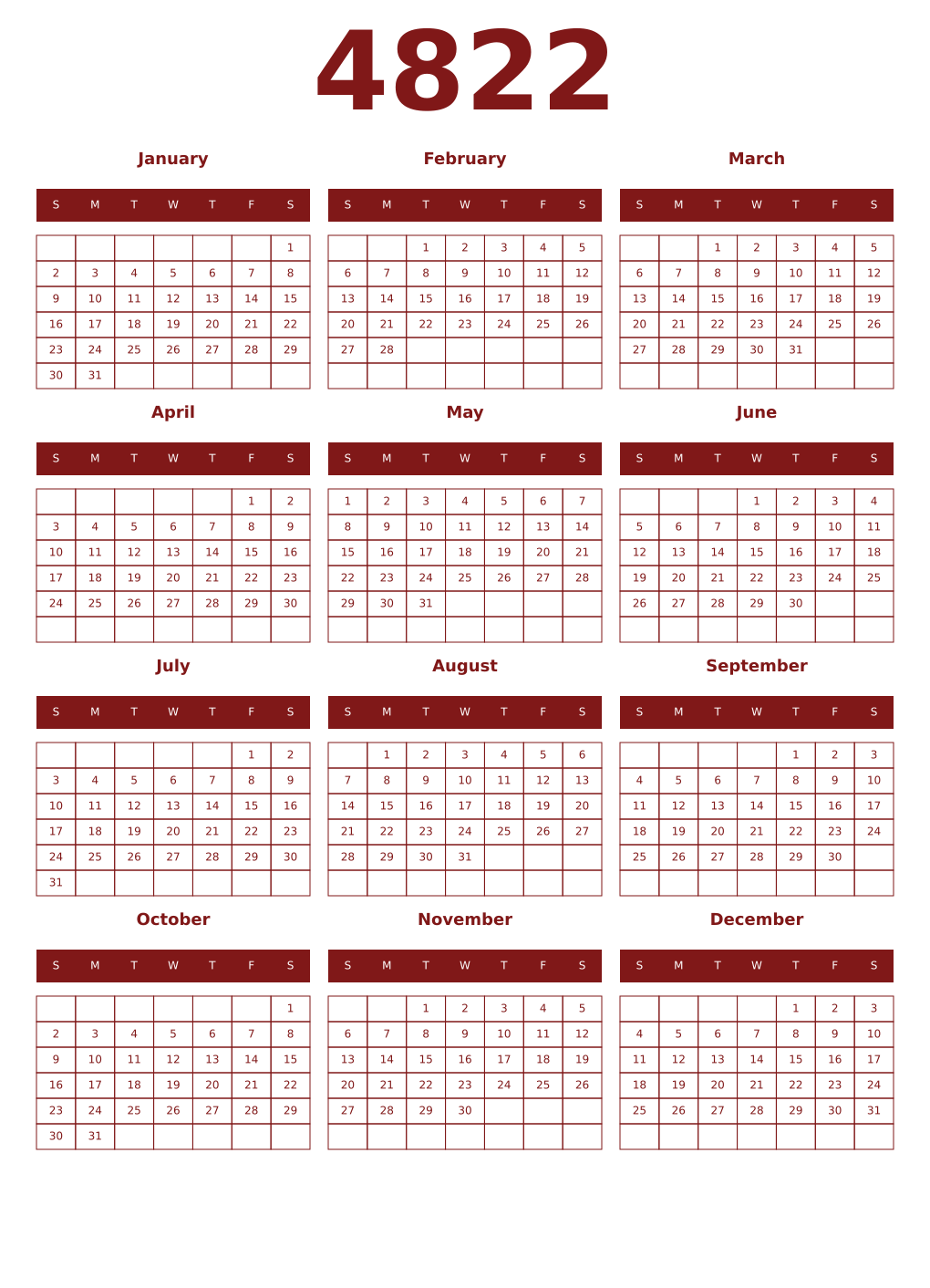 Printable 4822 Year Calendars falu
