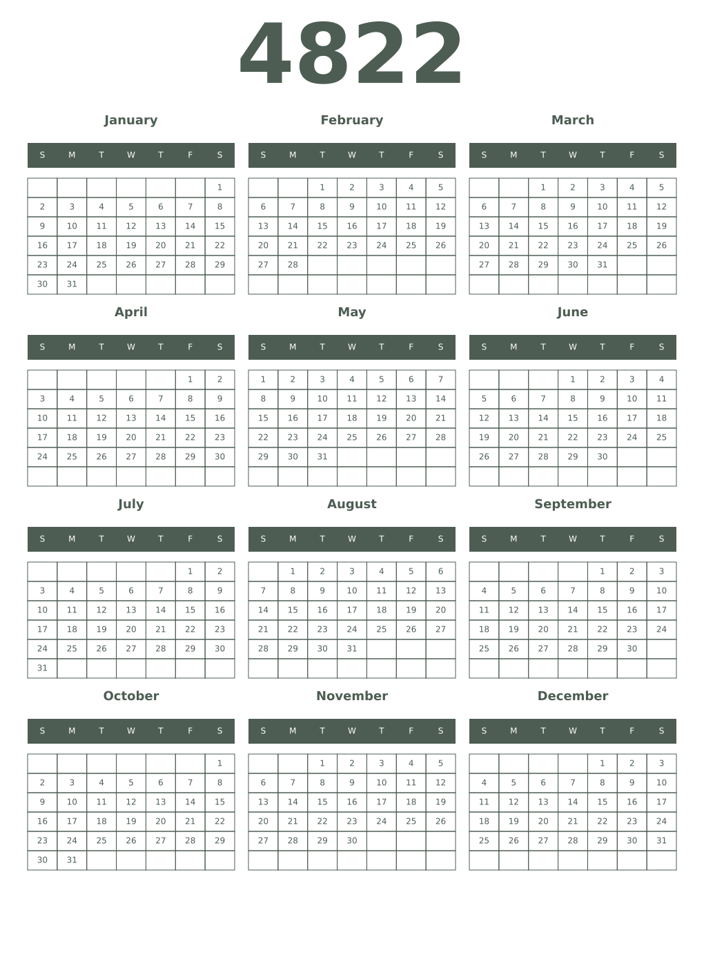 Printable 4822 Year Calendars feldgrau
