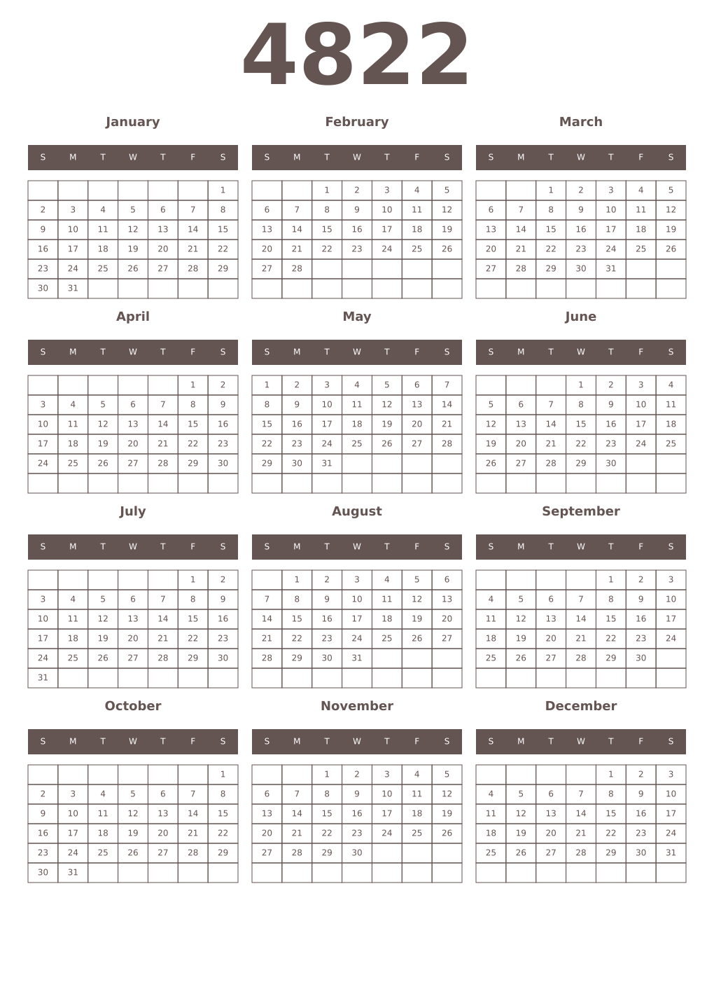 Printable 4822 Year Calendars wenge