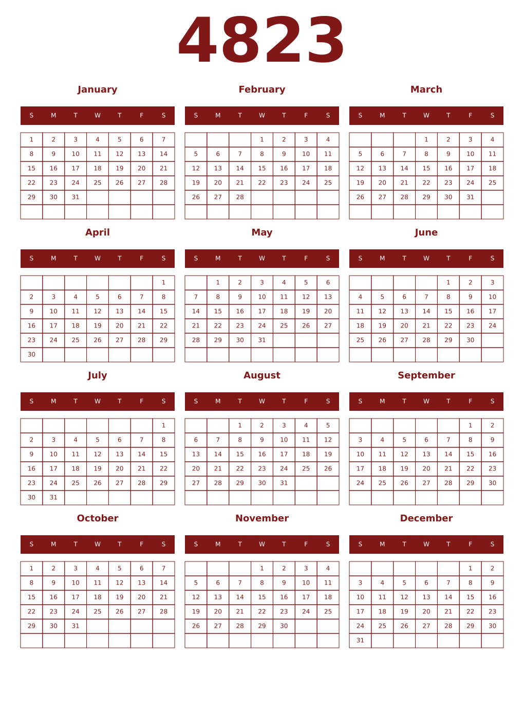 Printable 4823 Year Calendars falu