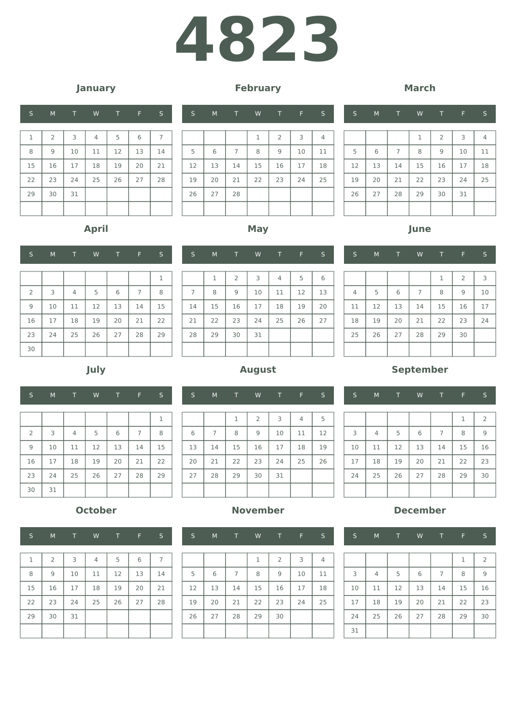 Printable 4823 Year Calendars feldgrau