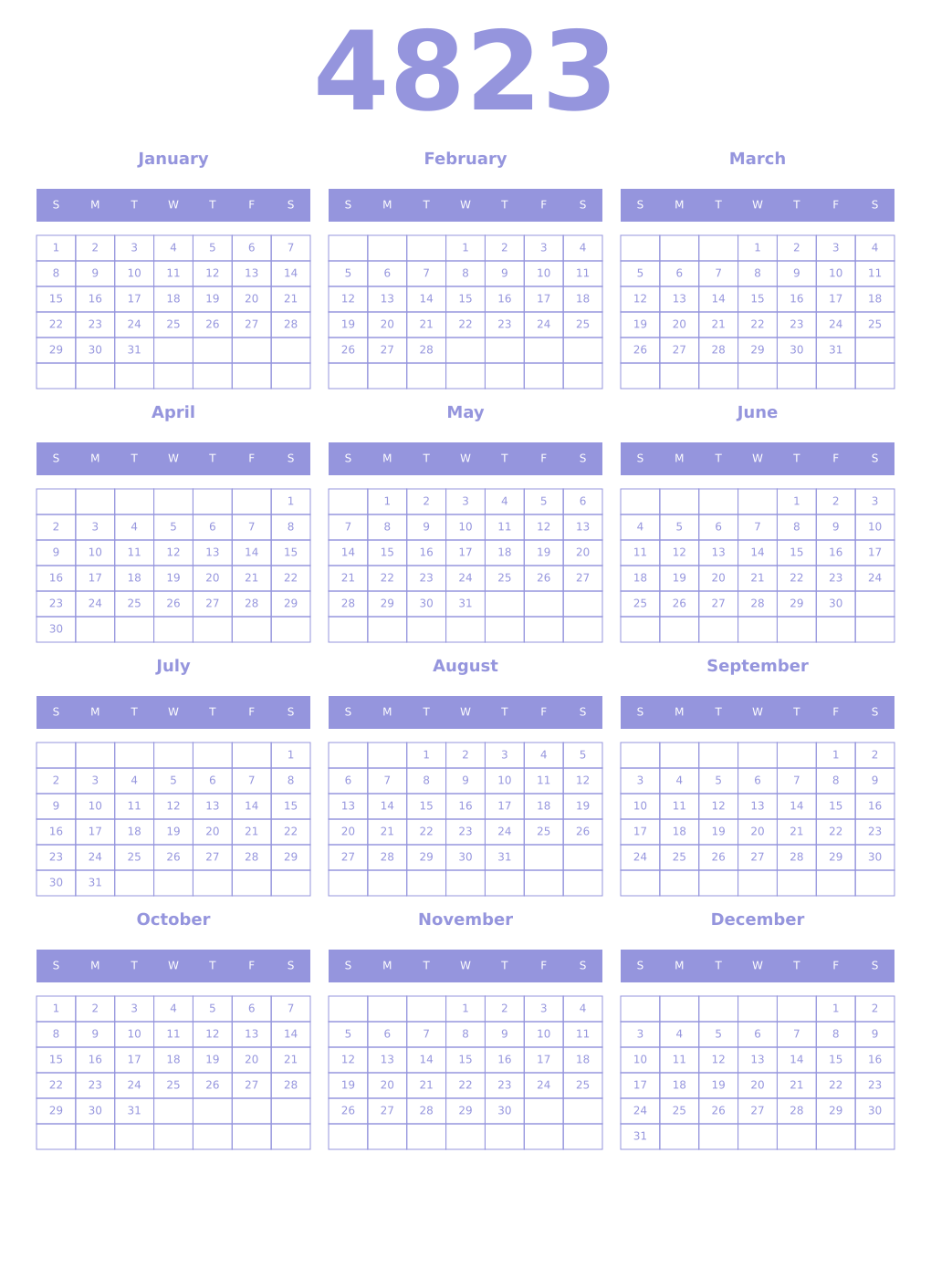 Printable 4823 Year Calendars periwinkle