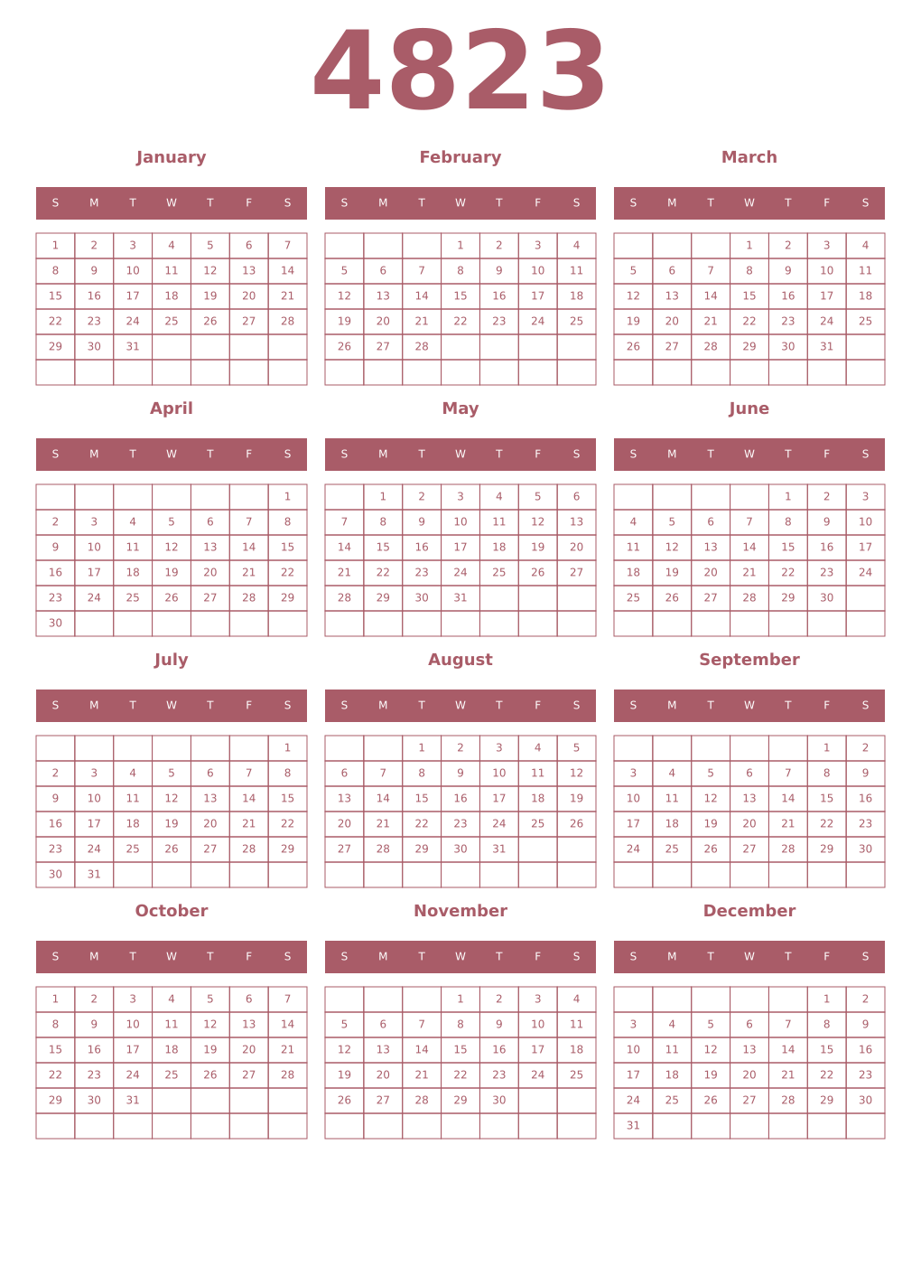 Printable 4823 Year Calendars puce