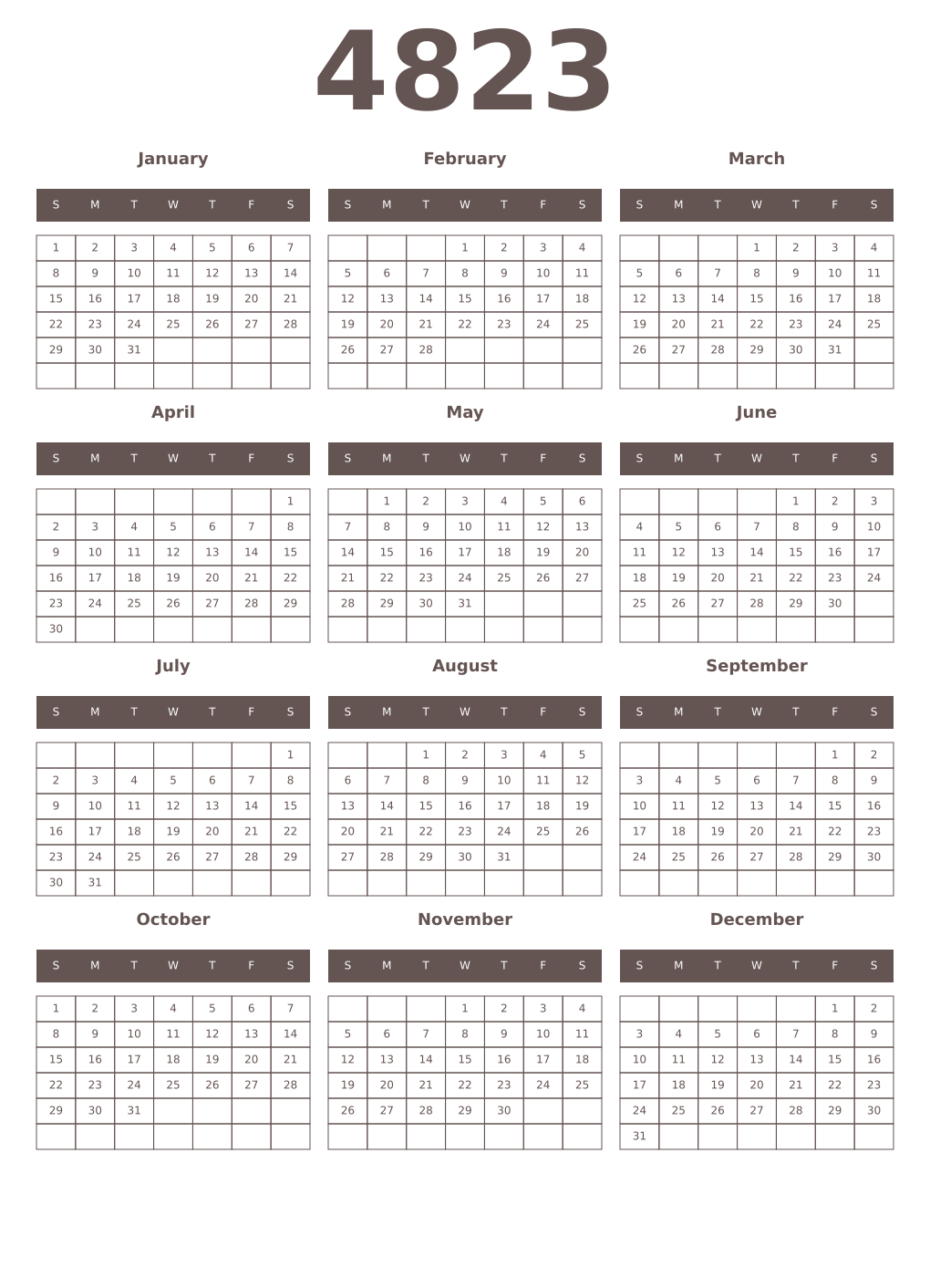Printable 4823 Year Calendars wenge
