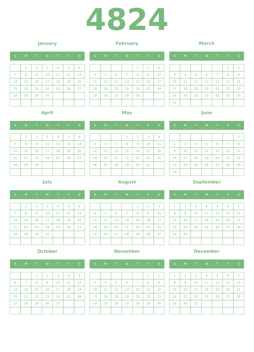 Printable 4824 Year Calendars celadon
