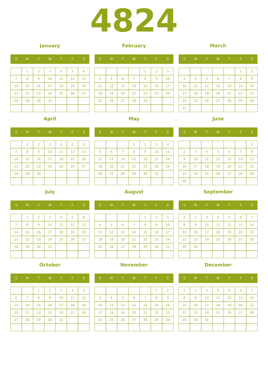 Printable 4824 Year Calendars chartreuse