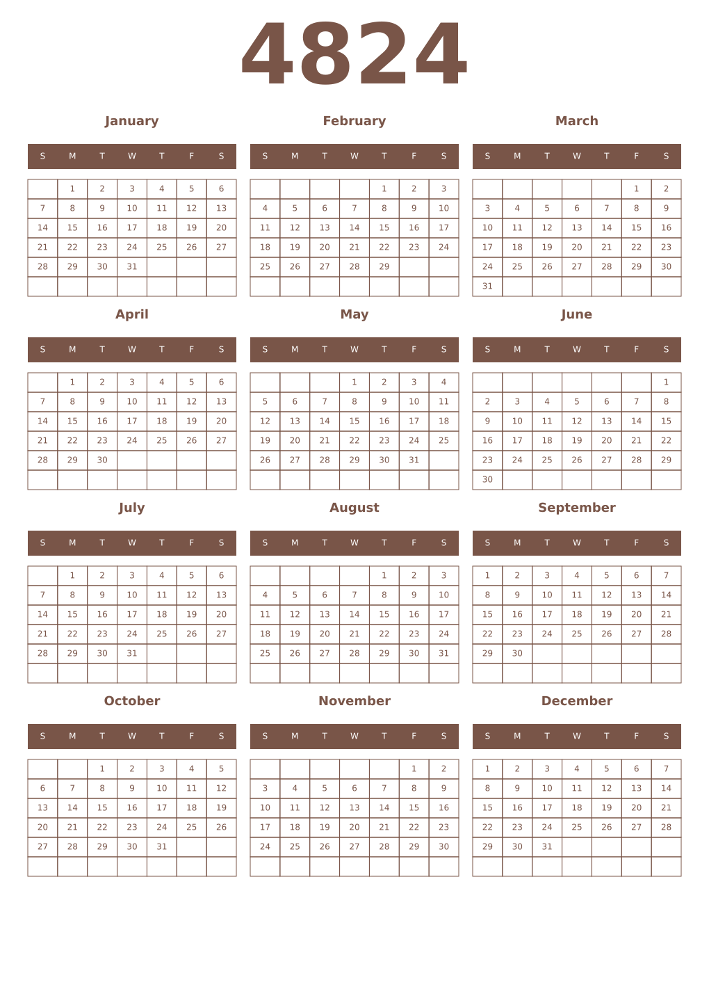 Printable 4824 Year Calendars coffe