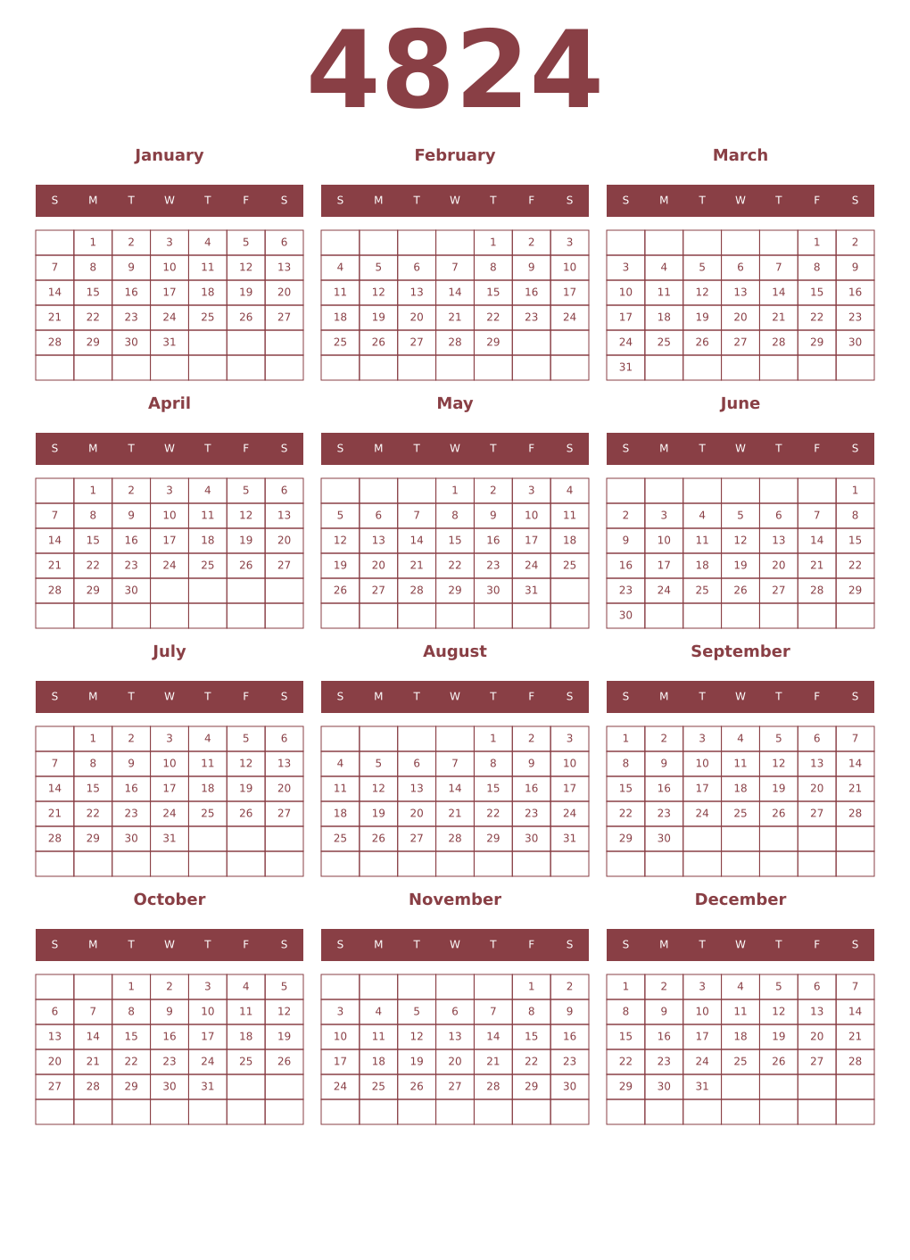 Printable 4824 Year Calendars cordovan