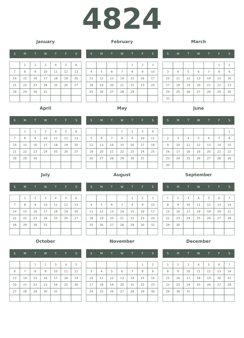 Printable 4824 Year Calendars feldgrau