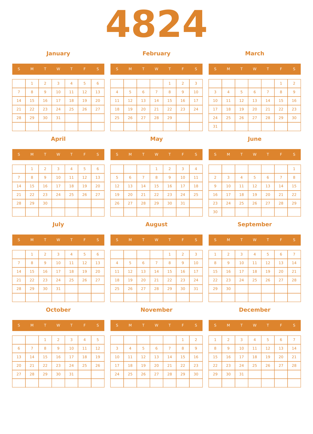Printable 4824 Year Calendars orange