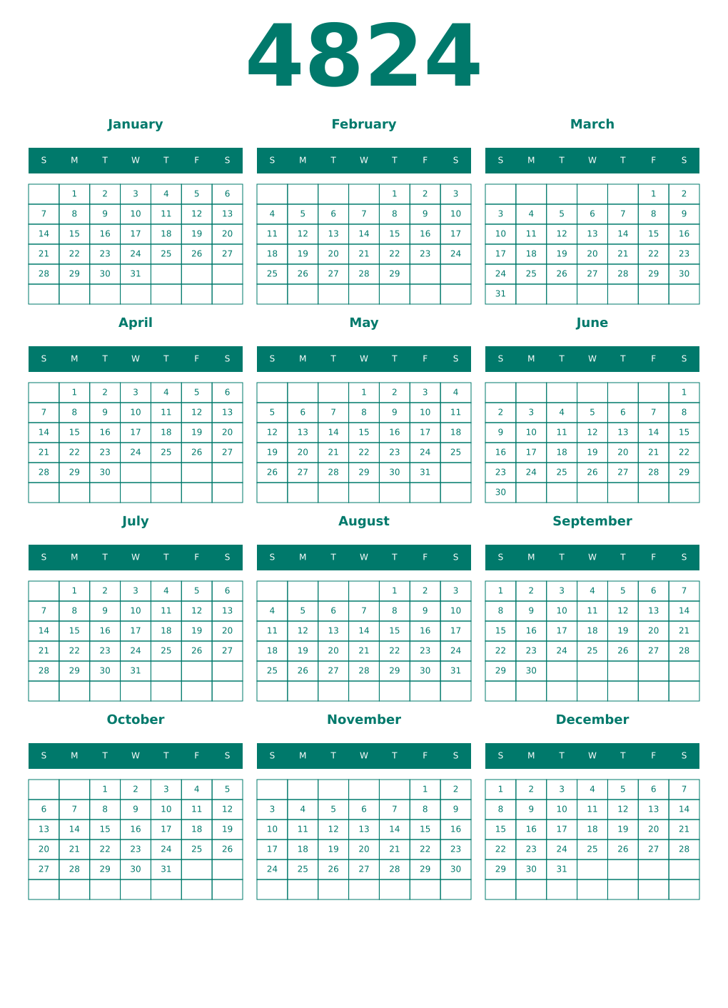 Printable 4824 Year Calendars pastel