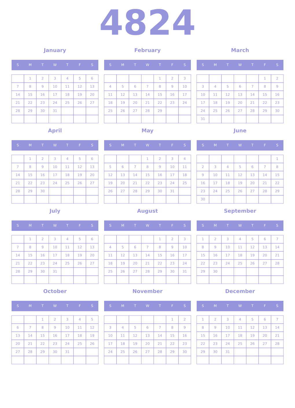Printable 4824 Year Calendars periwinkle