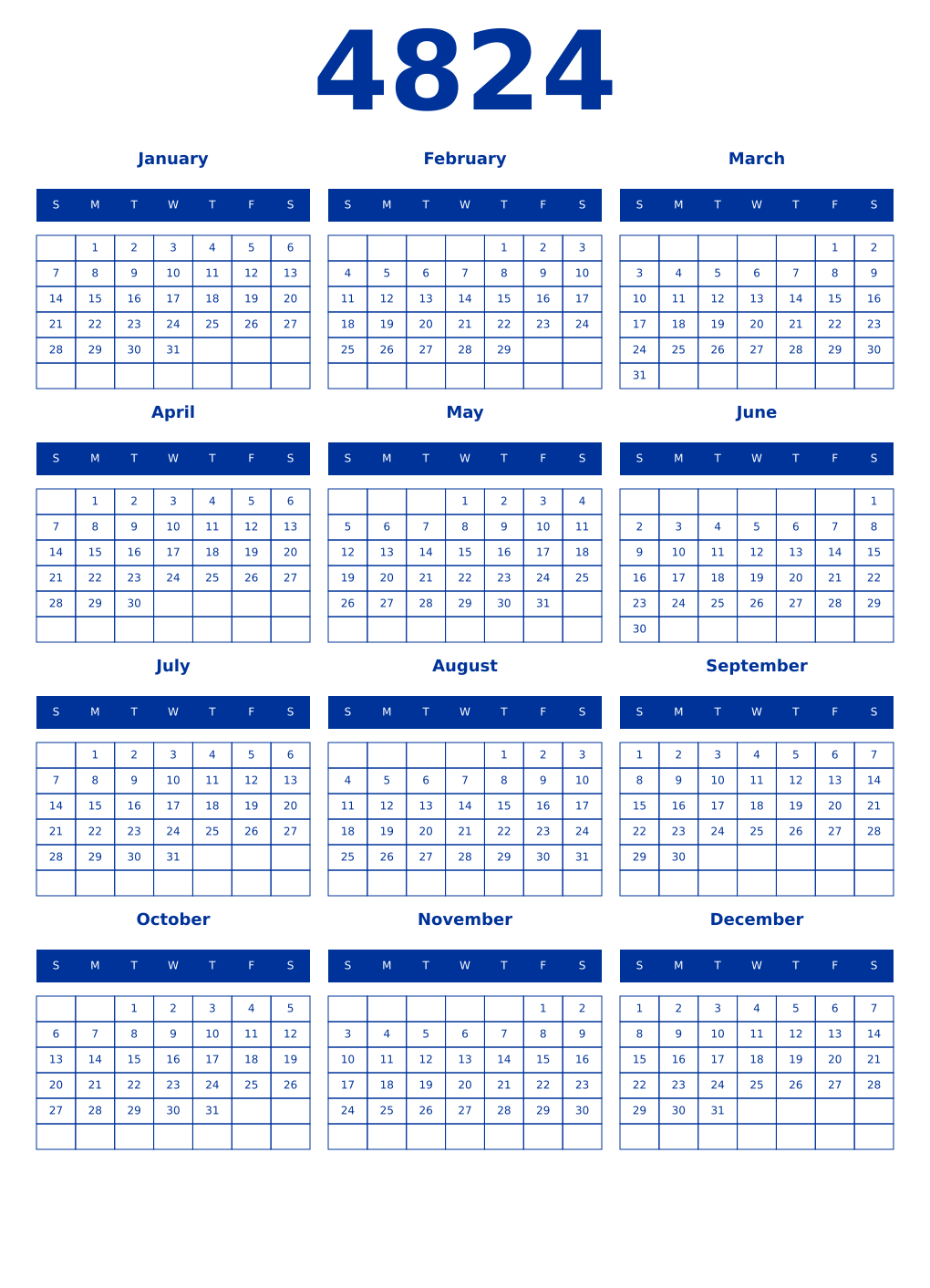 Printable 4824 Year Calendars smalt