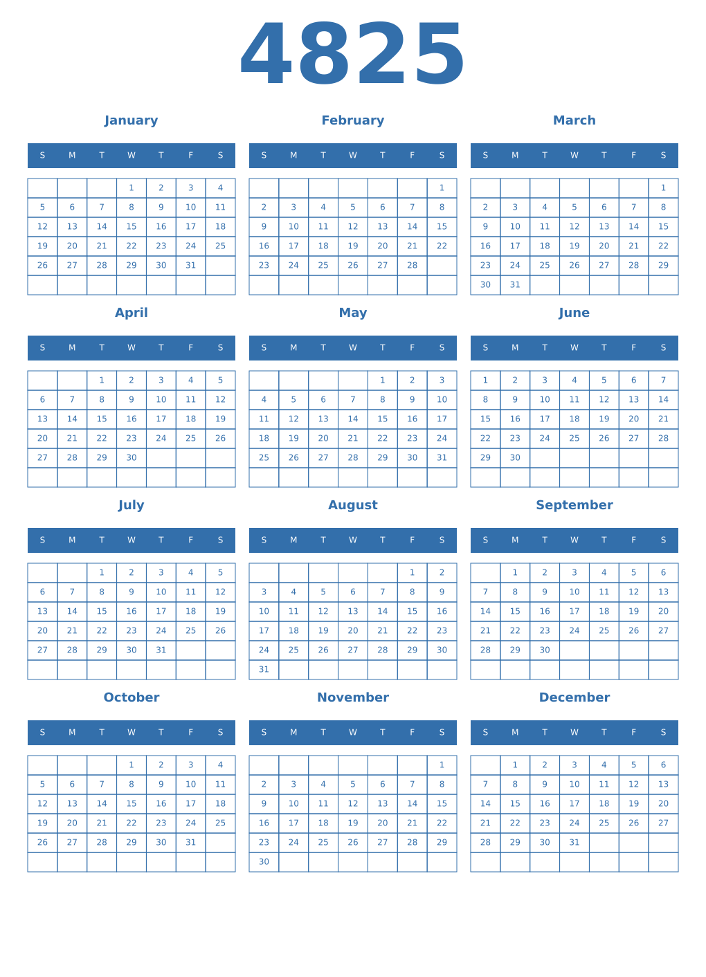 Printable 4825 Year Calendars blue
