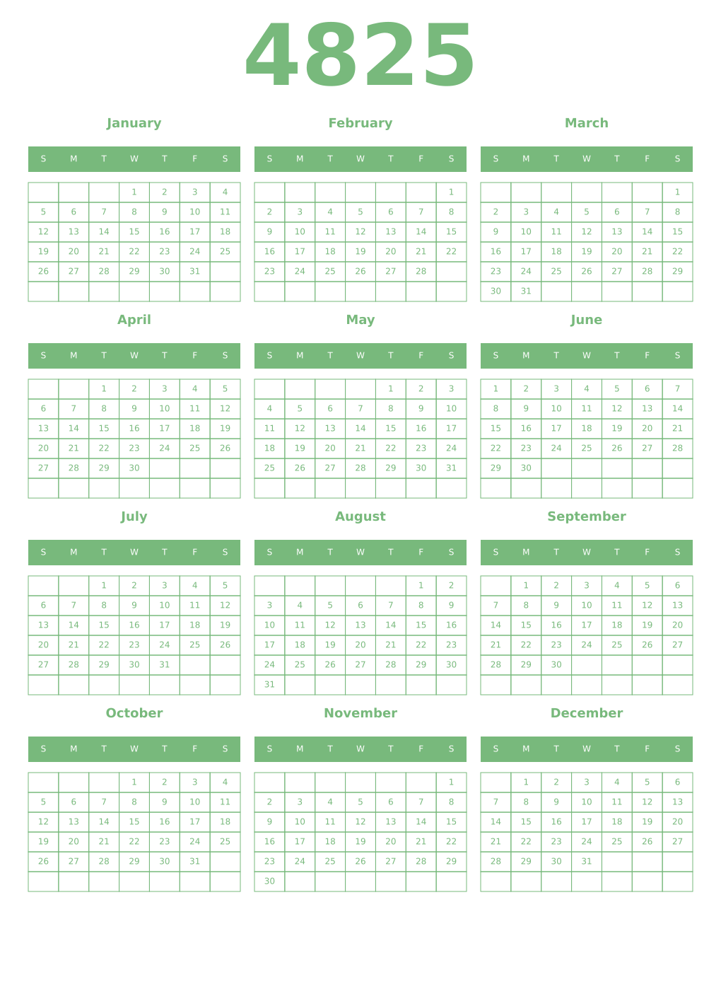 Printable 4825 Year Calendars celadon