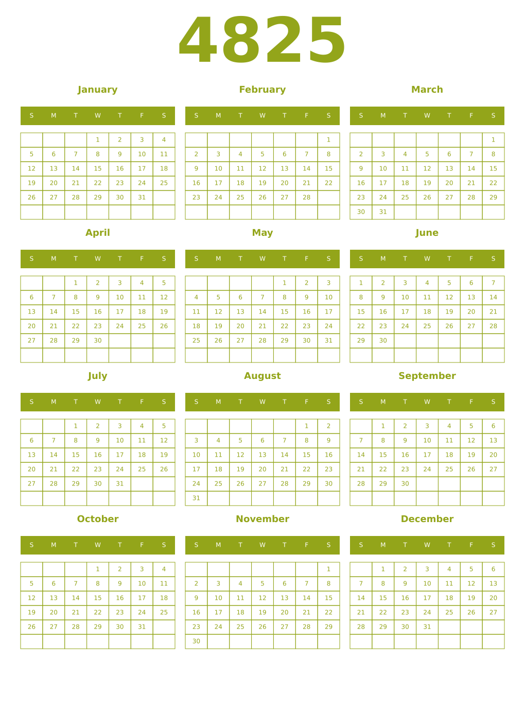 Printable 4825 Year Calendars chartreuse