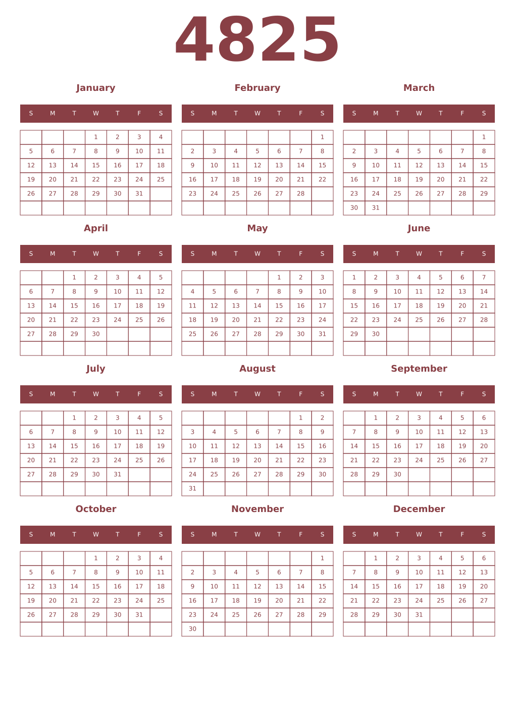 Printable 4825 Year Calendars cordovan